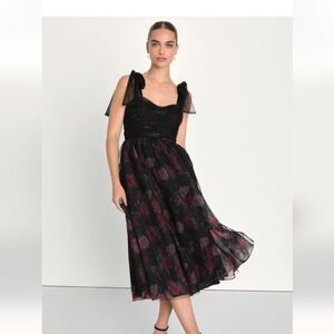 Lulus Striking Scene Black Floral Mesh Ruched Tie-Strap Midi Dress